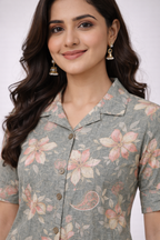 Grey Floral Printed Co-Ord Set – Collar Neck Straight Pant Casual Wear