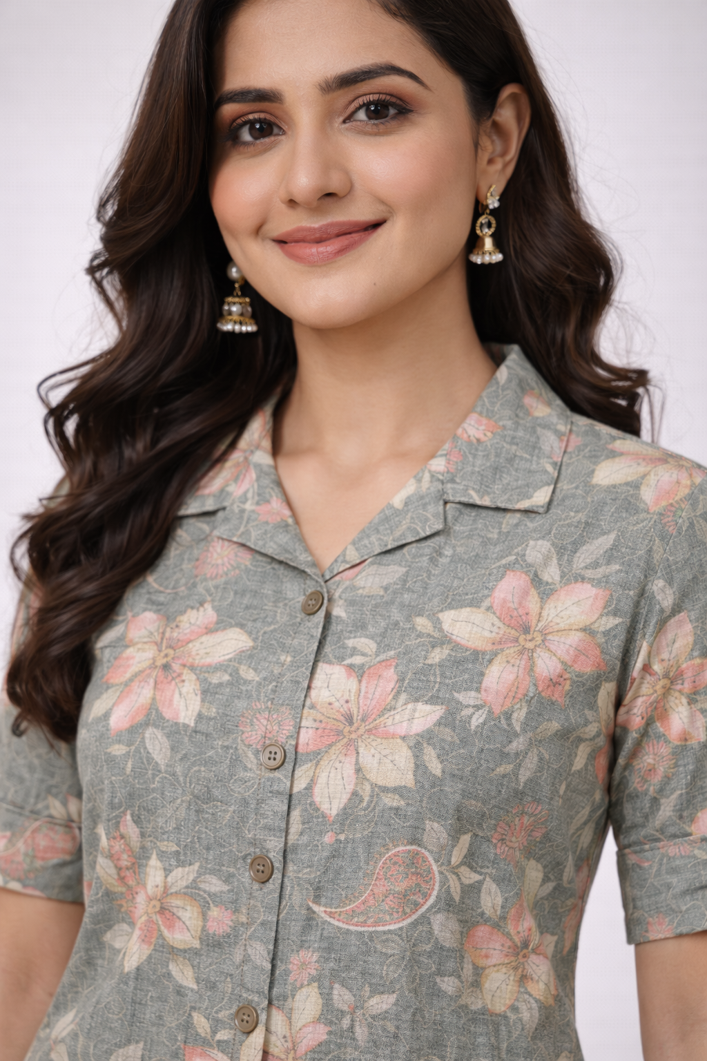 Grey Floral Printed Co-Ord Set – Collar Neck Straight Pant Casual Wear