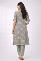 Grey Floral Printed Co-Ord Set – Collar Neck Straight Pant Casual Wear