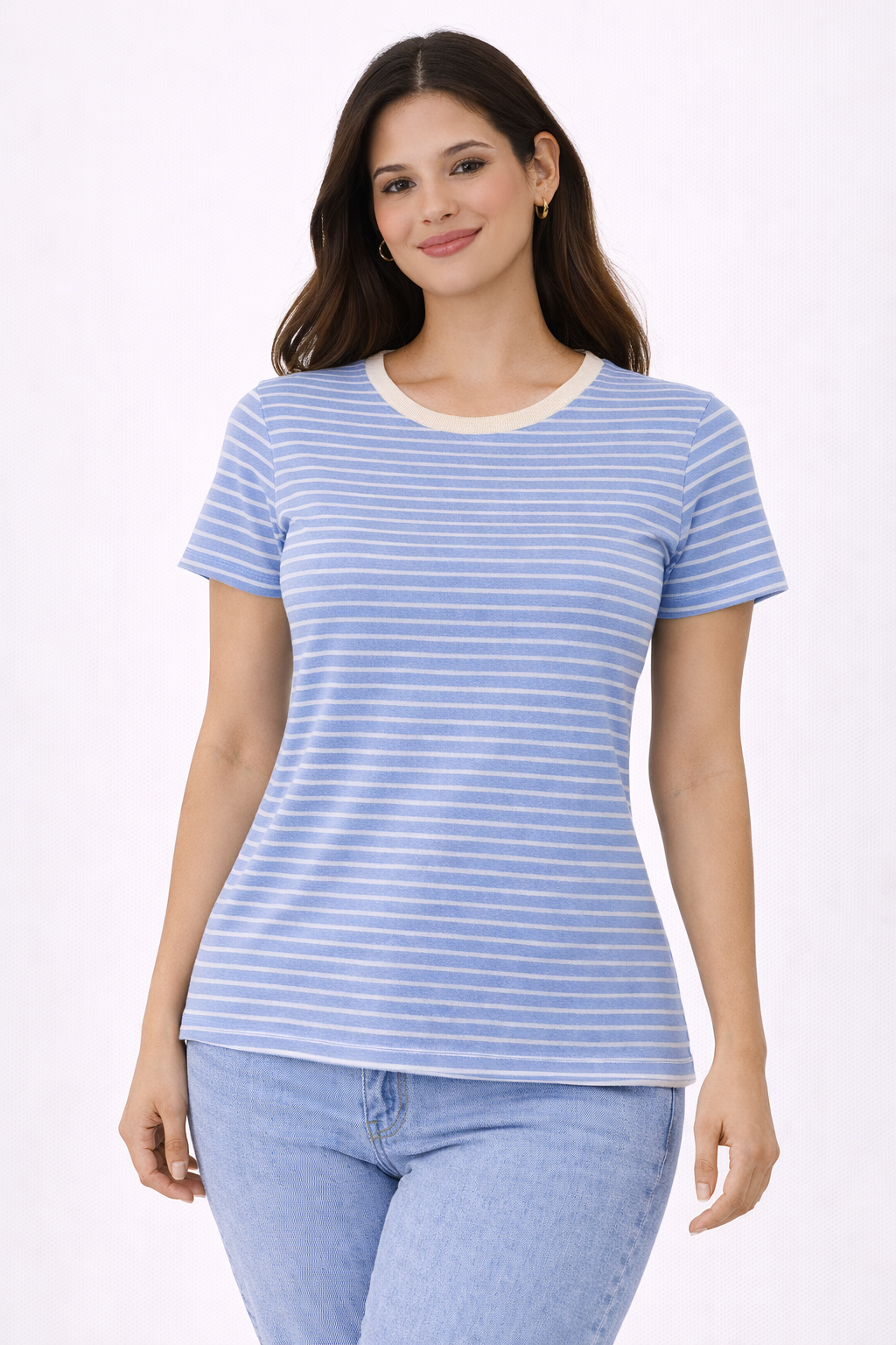 Women’s Blue & White Striped T-Shirt – Classic Casual Everyday Top