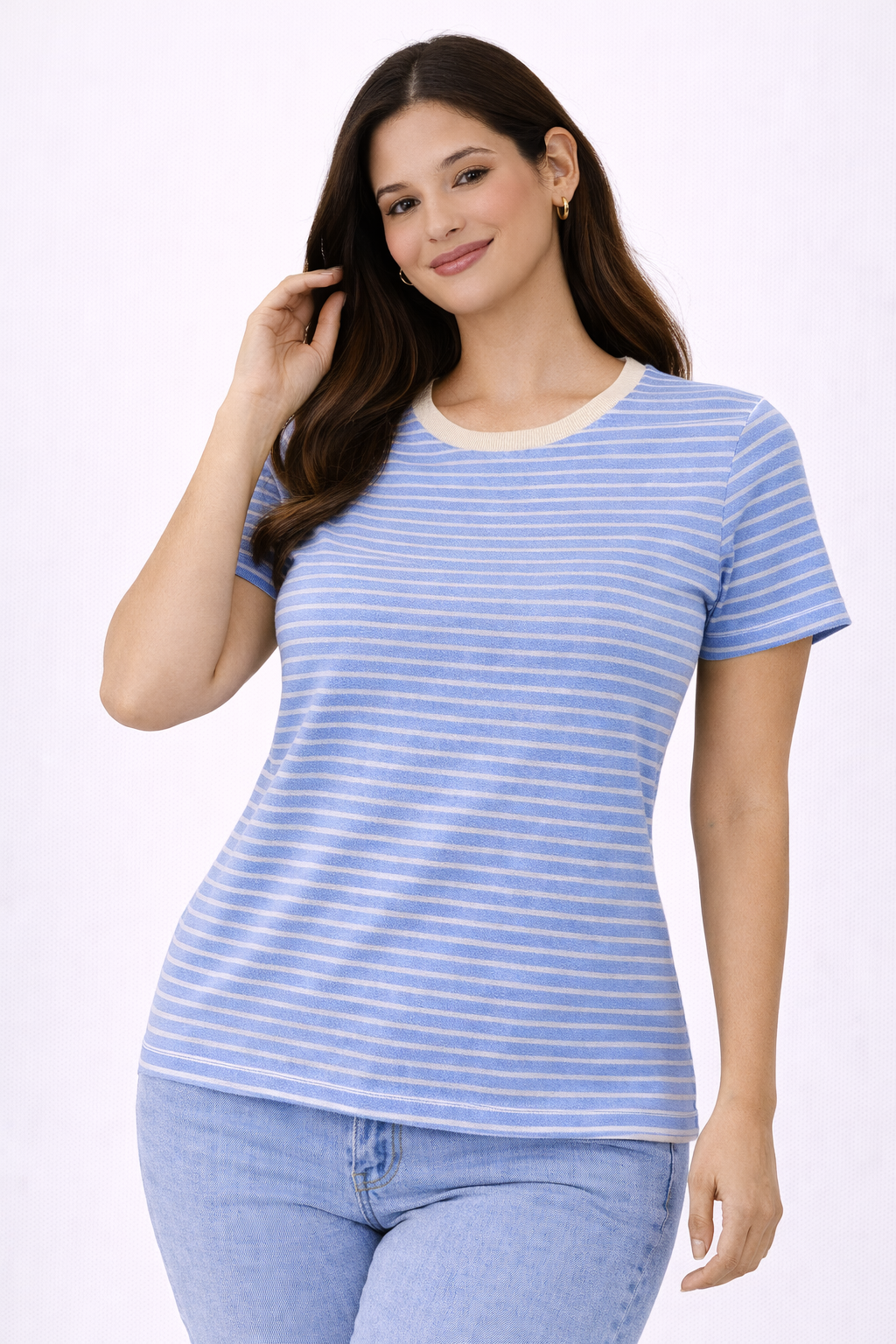 Women’s Blue & White Striped T-Shirt – Classic Casual Everyday Top