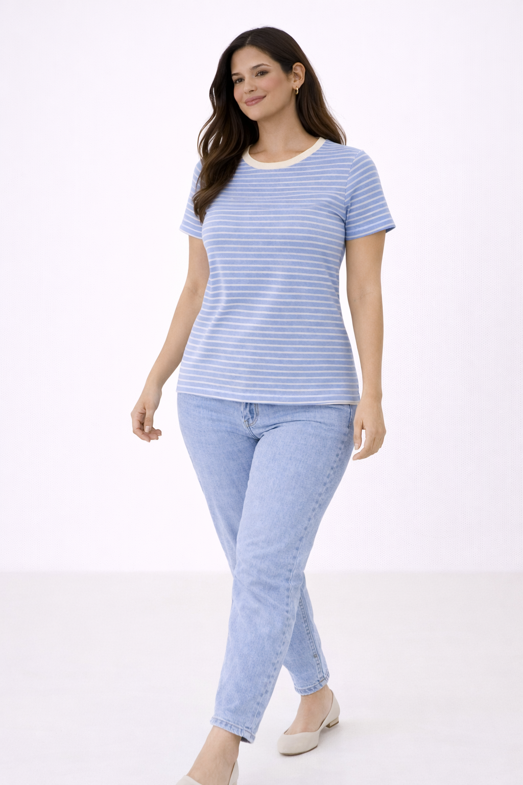 Women’s Blue & White Striped T-Shirt – Classic Casual Everyday Top