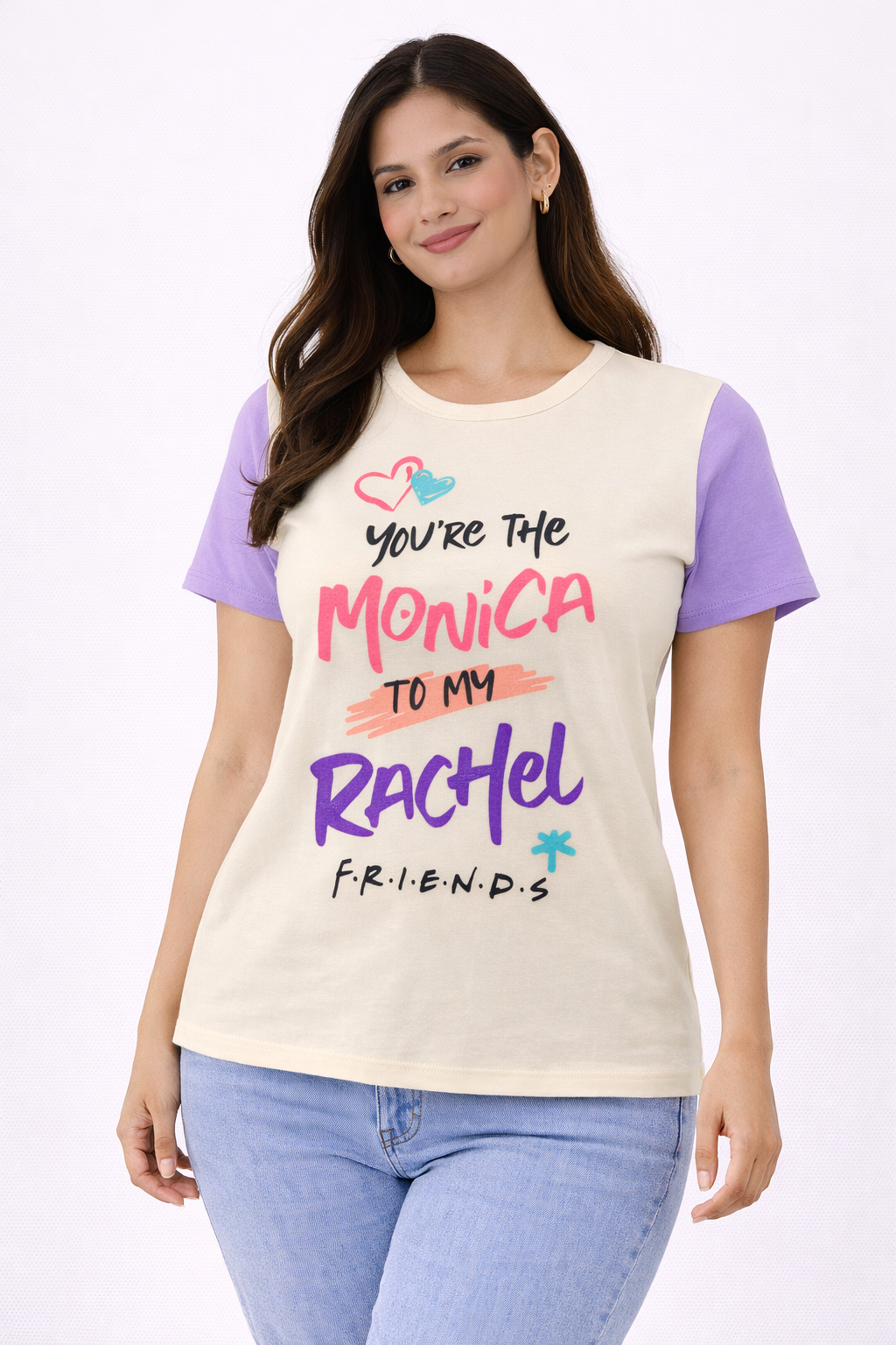 Women’s Cream & Lavender “You’re The Monica To My Rachel” Graphic T-Shirt – Friends Inspired Top