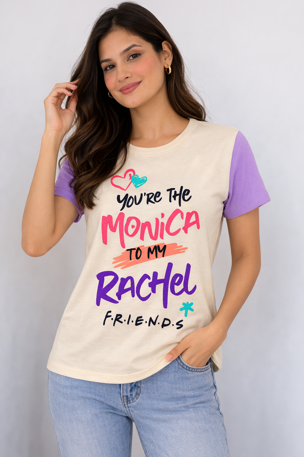 Women’s Cream & Lavender “You’re The Monica To My Rachel” Graphic T-Shirt – Friends Inspired Top