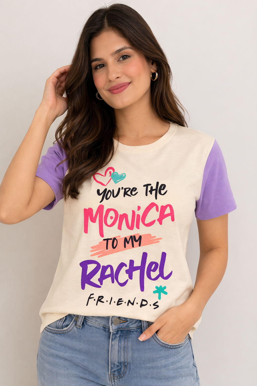 Women’s Cream & Lavender “You’re The Monica To My Rachel” Graphic T-Shirt – Friends Inspired Top