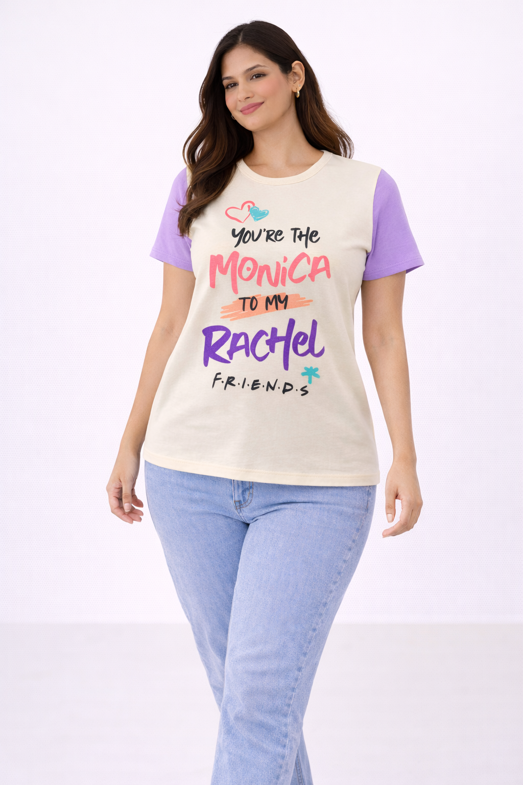 Women’s Cream & Lavender “You’re The Monica To My Rachel” Graphic T-Shirt – Friends Inspired Top