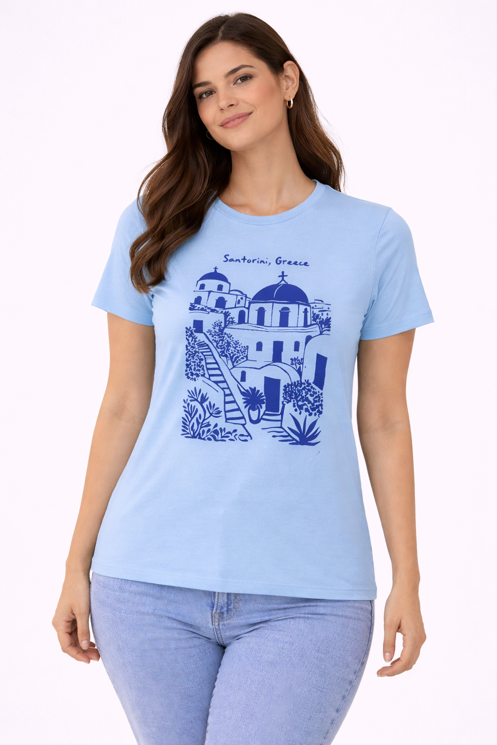 Women Sky Blue Santorini Greece Graphic Cotton T-Shirt | Casual Travel Print Tee
