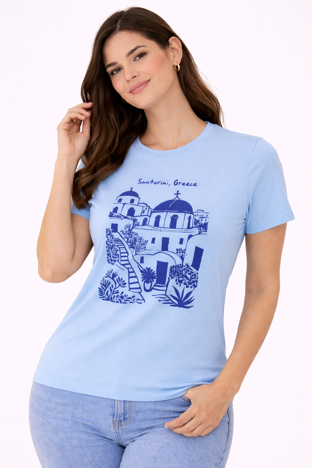 Women Sky Blue Santorini Greece Graphic Cotton T-Shirt | Casual Travel Print Tee
