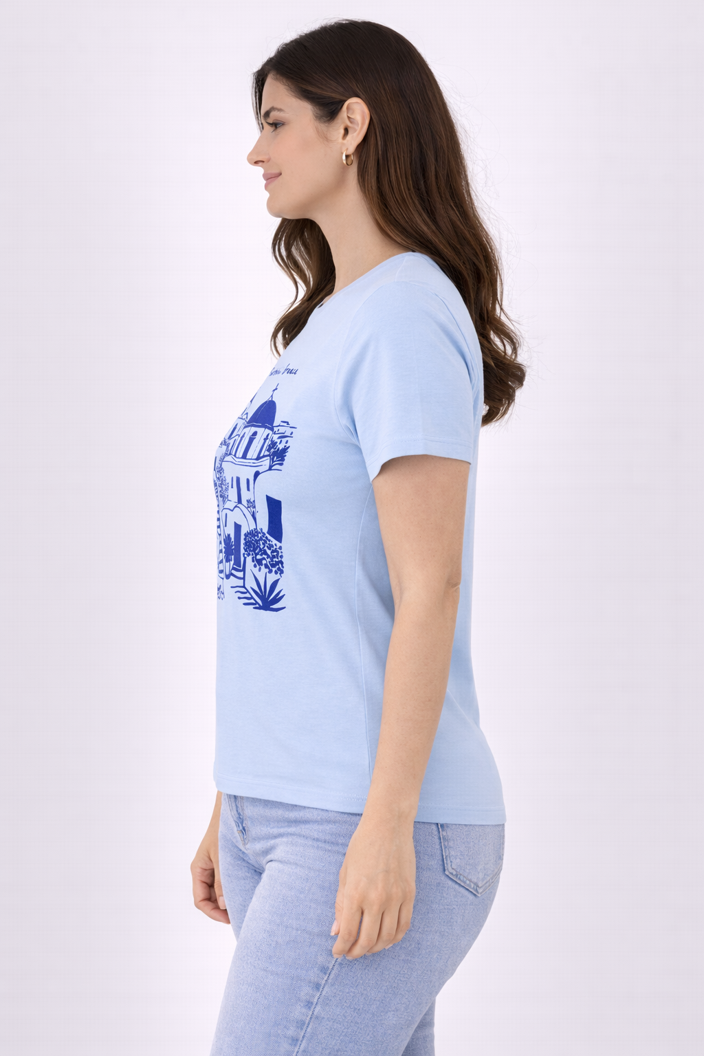 Women Sky Blue Santorini Greece Graphic Cotton T-Shirt | Casual Travel Print Tee