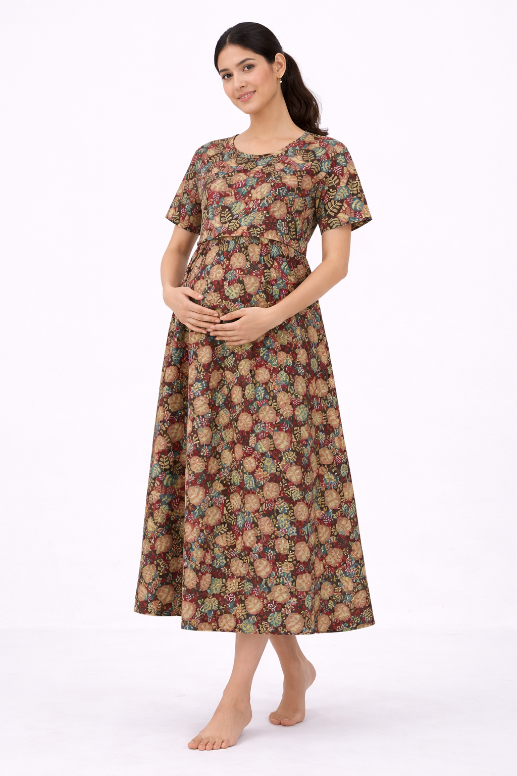 Brown Leaf Print Cotton Blend Maternity Dress – Umbrella Fit