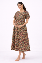 Brown Leaf Print Cotton Blend Maternity Dress – Umbrella Fit