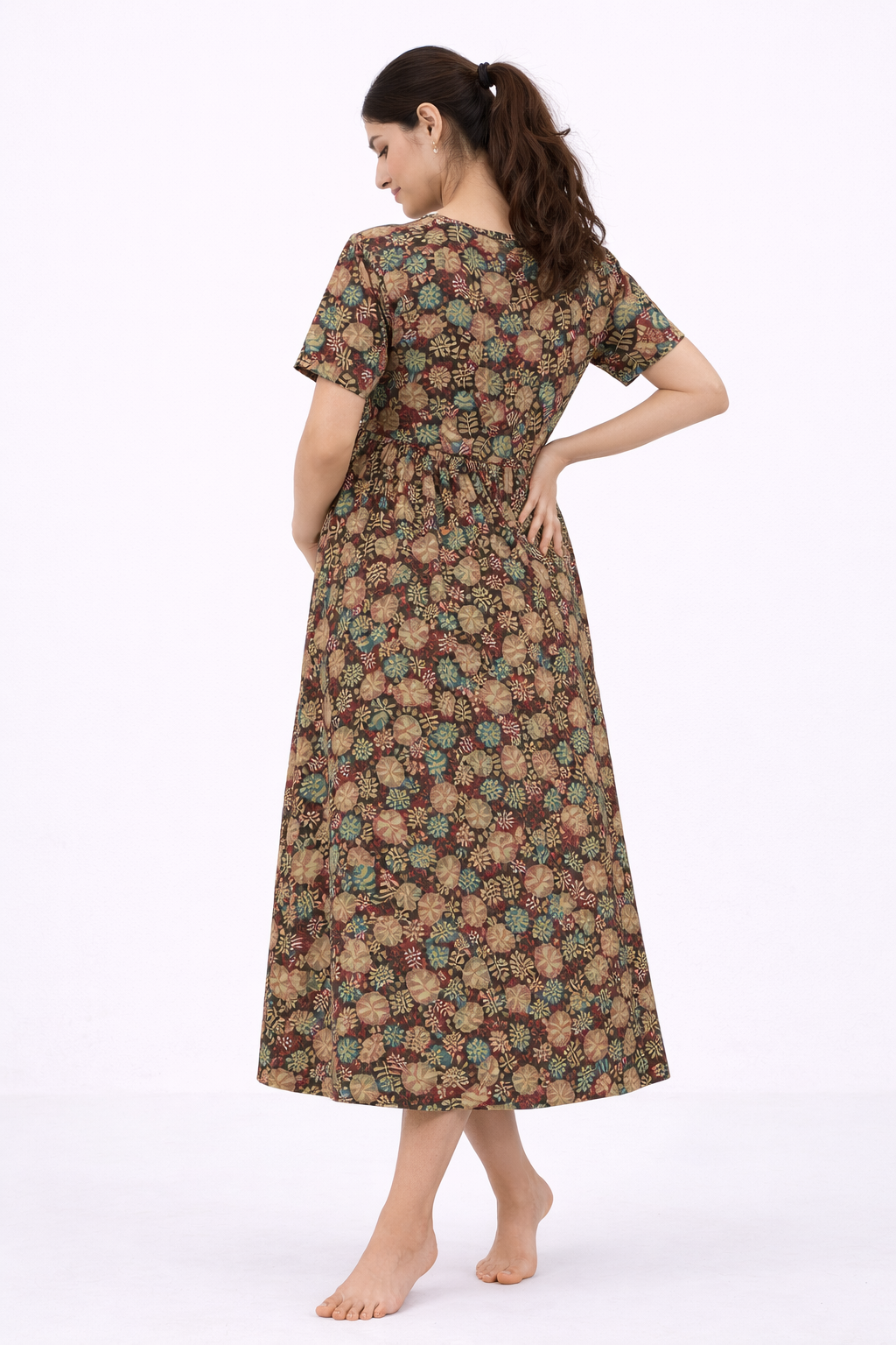 Brown Leaf Print Cotton Blend Maternity Dress – Umbrella Fit