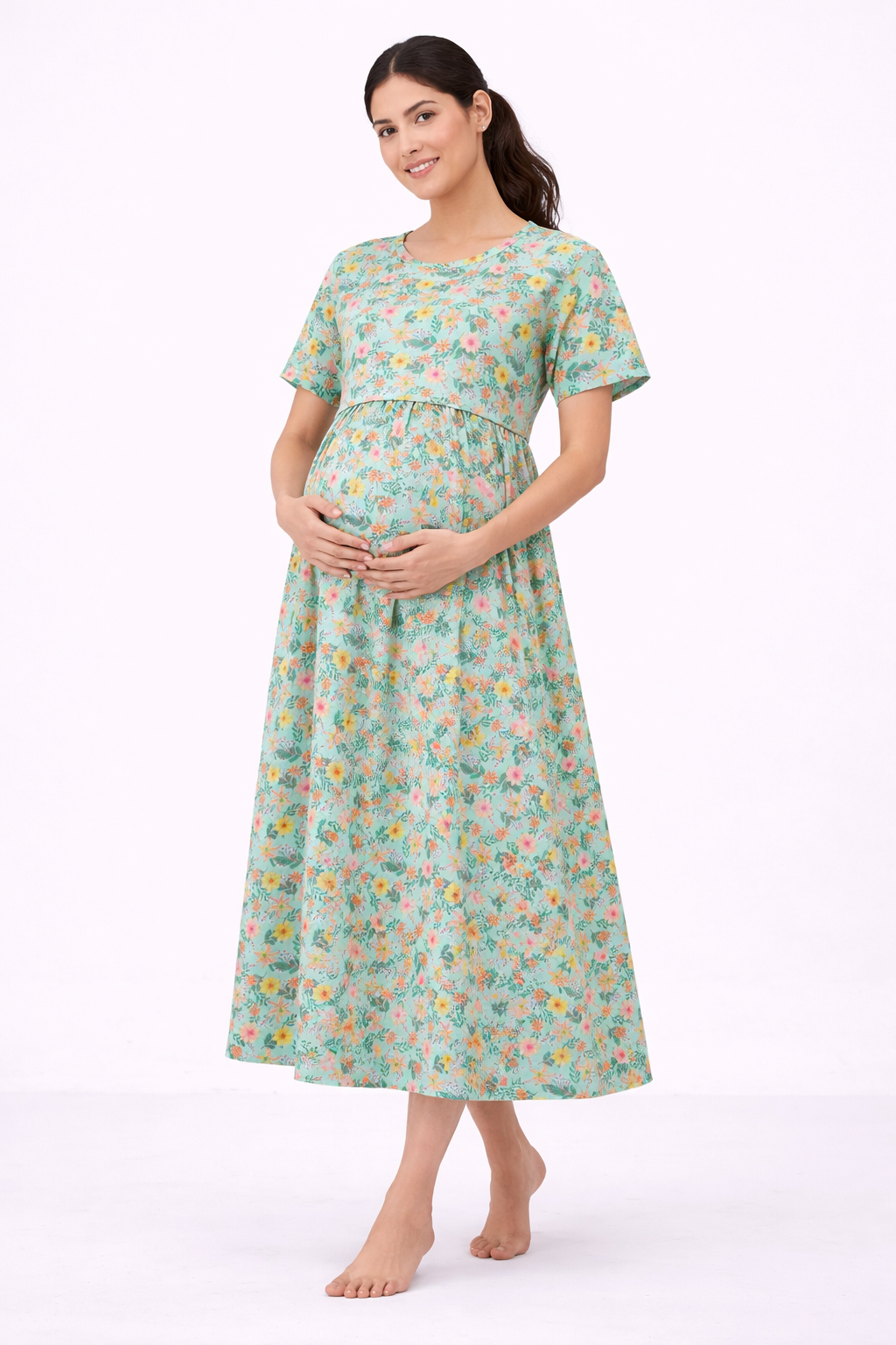 Pista Green Floral Cotton Blend Maternity Dress