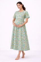 Pista Green Floral Cotton Blend Maternity Dress