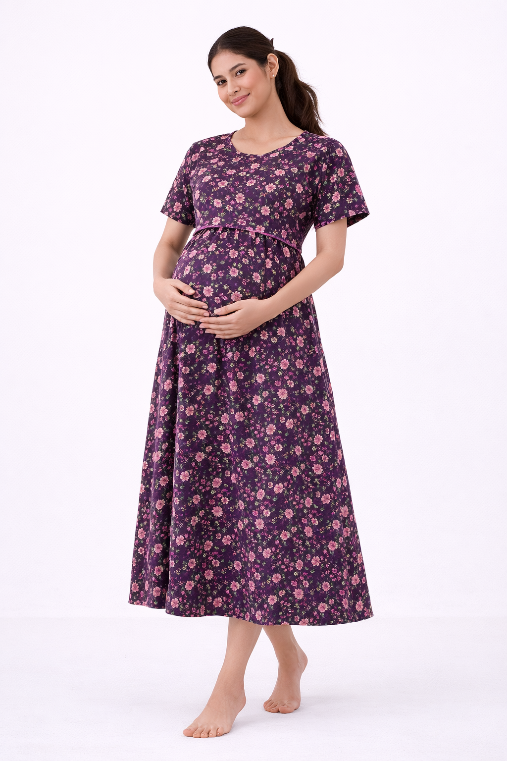 Purple Floral Cotton Blend Maternity Dress