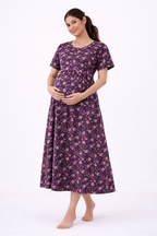 Purple Floral Cotton Blend Maternity Dress