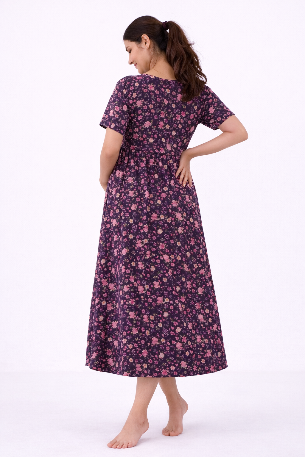 Purple Floral Cotton Blend Maternity Dress