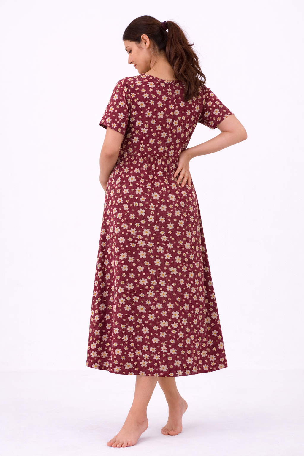 Maroon Floral Cotton Blend Maternity Dress