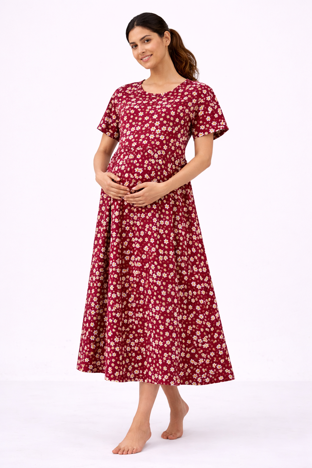 Maroon Floral Cotton Blend Maternity Dress