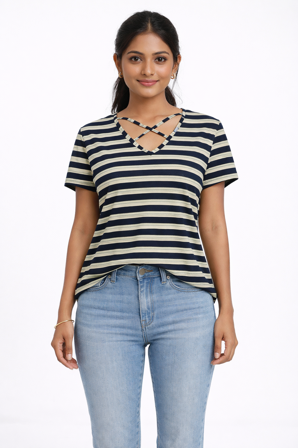 Navy Blue Striped Cotton T-Shirt with Criss-Cross Back Design