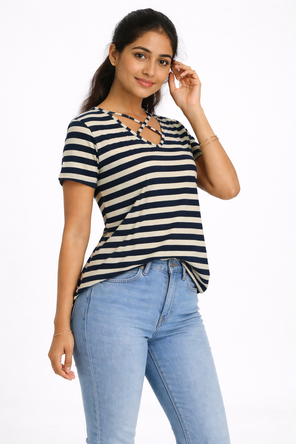 Navy Blue Striped Cotton T-Shirt with Criss-Cross Back Design
