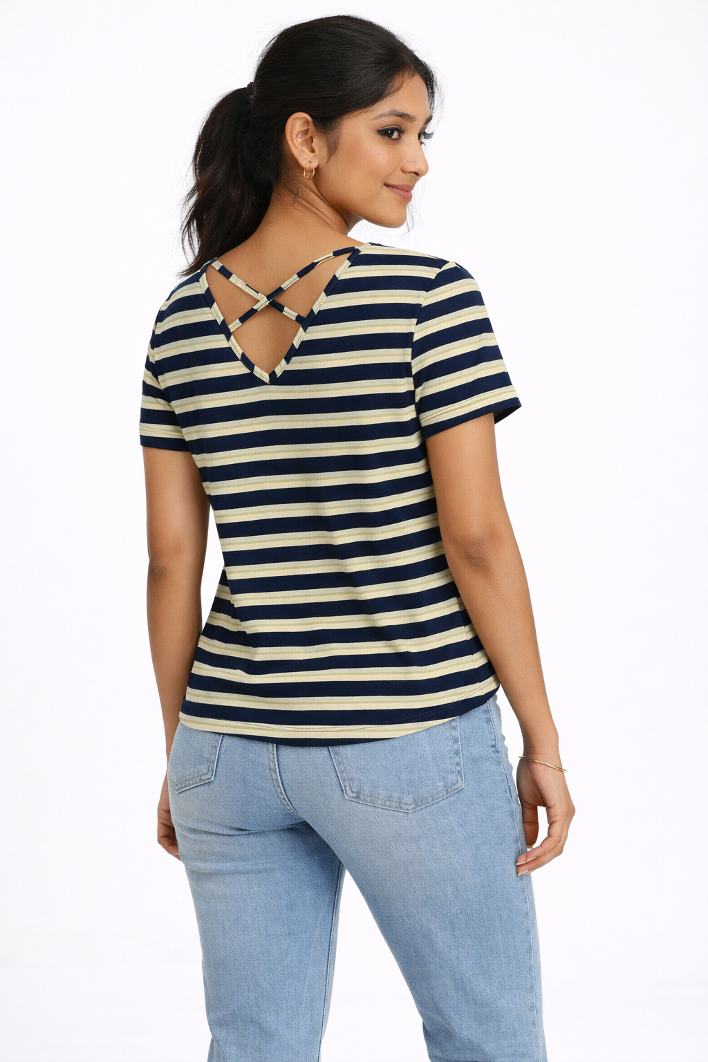 Navy Blue Striped Cotton T-Shirt with Criss-Cross Back Design