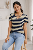 Navy Blue Striped Cotton T-Shirt with Criss-Cross Back Design