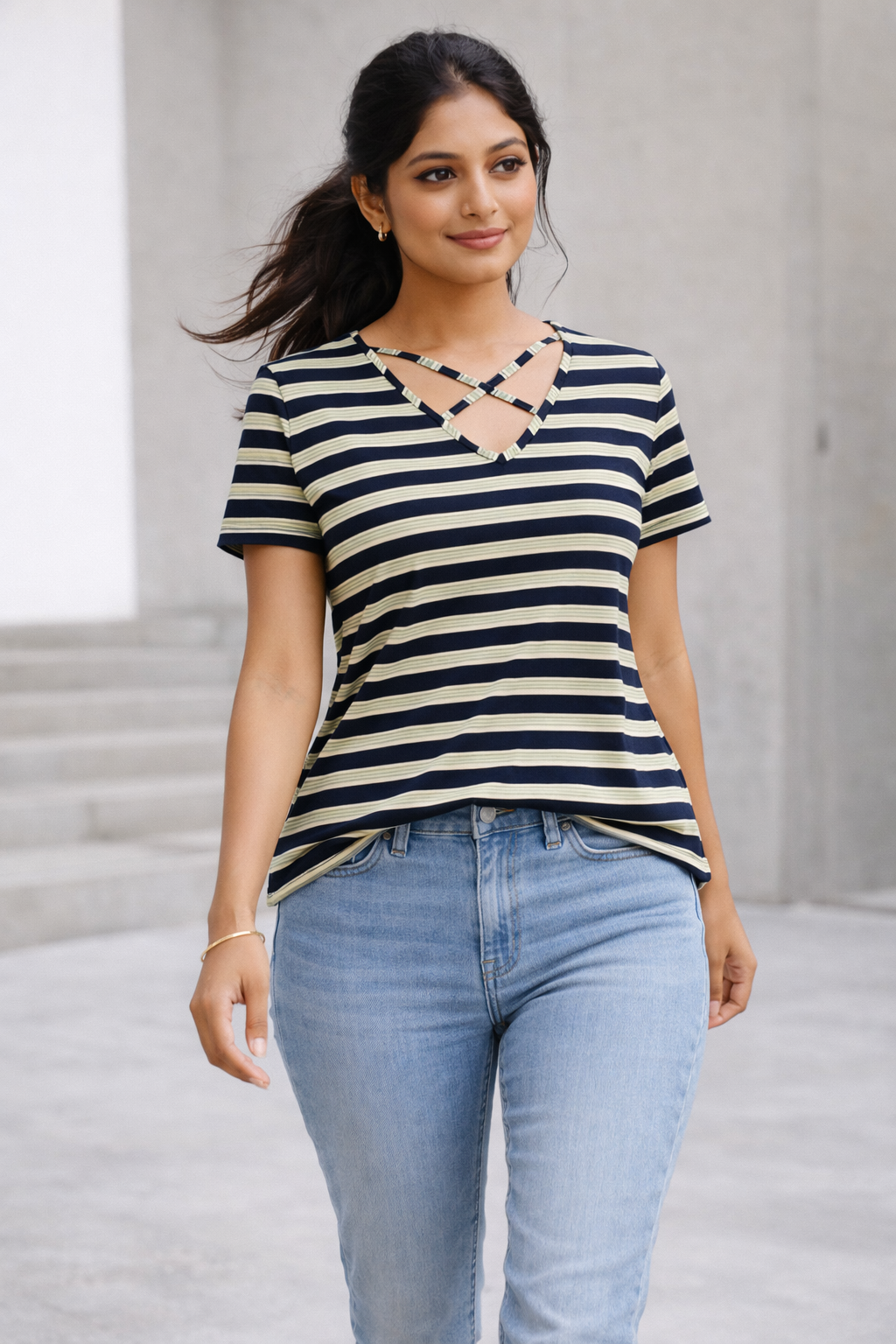 Navy Blue Striped Cotton T-Shirt with Criss-Cross Back Design