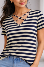 Navy Blue Striped Cotton T-Shirt with Criss-Cross Back Design