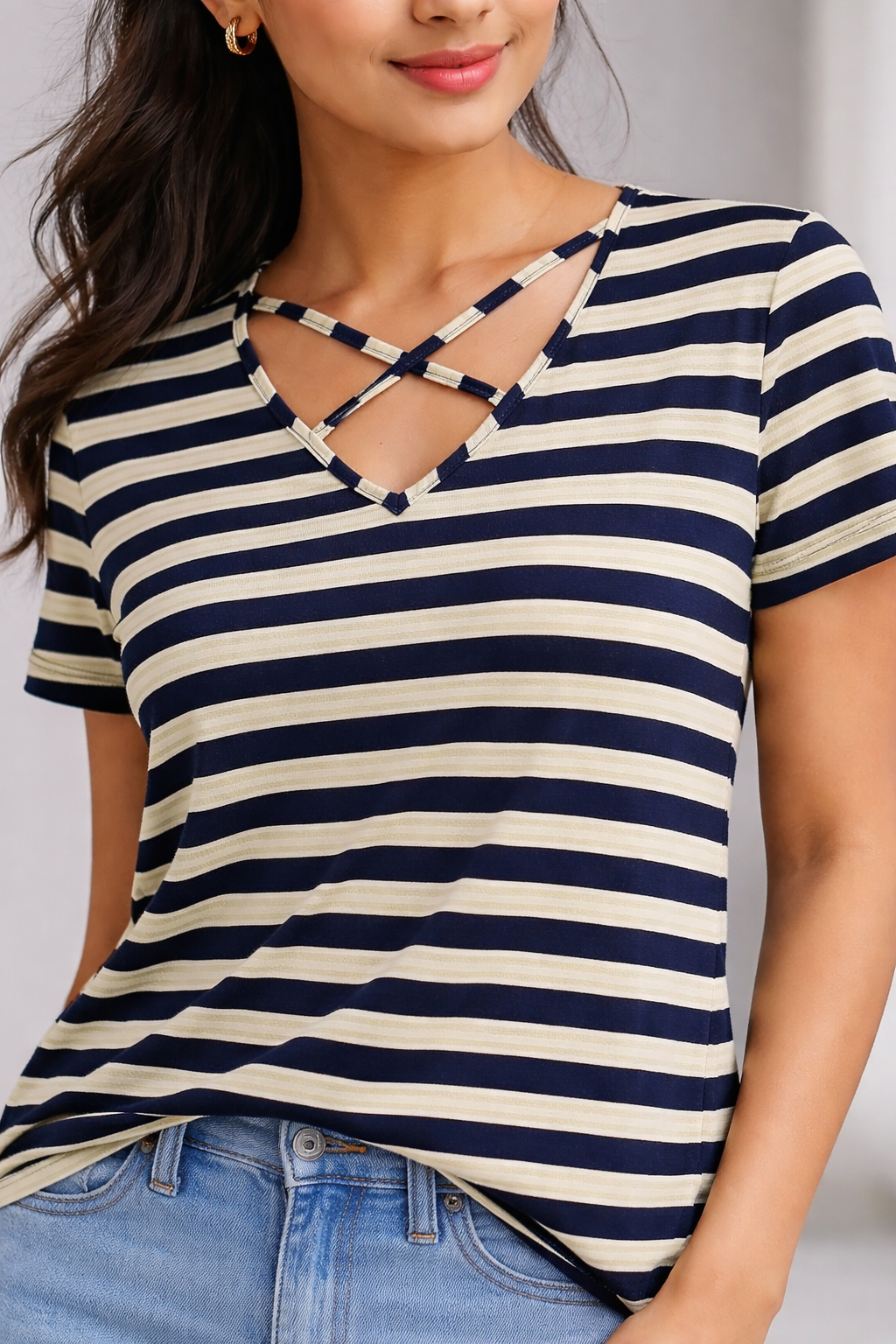 Navy Blue Striped Cotton T-Shirt with Criss-Cross Back Design