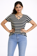 Navy Blue Striped Cotton T-Shirt with Criss-Cross Back Design