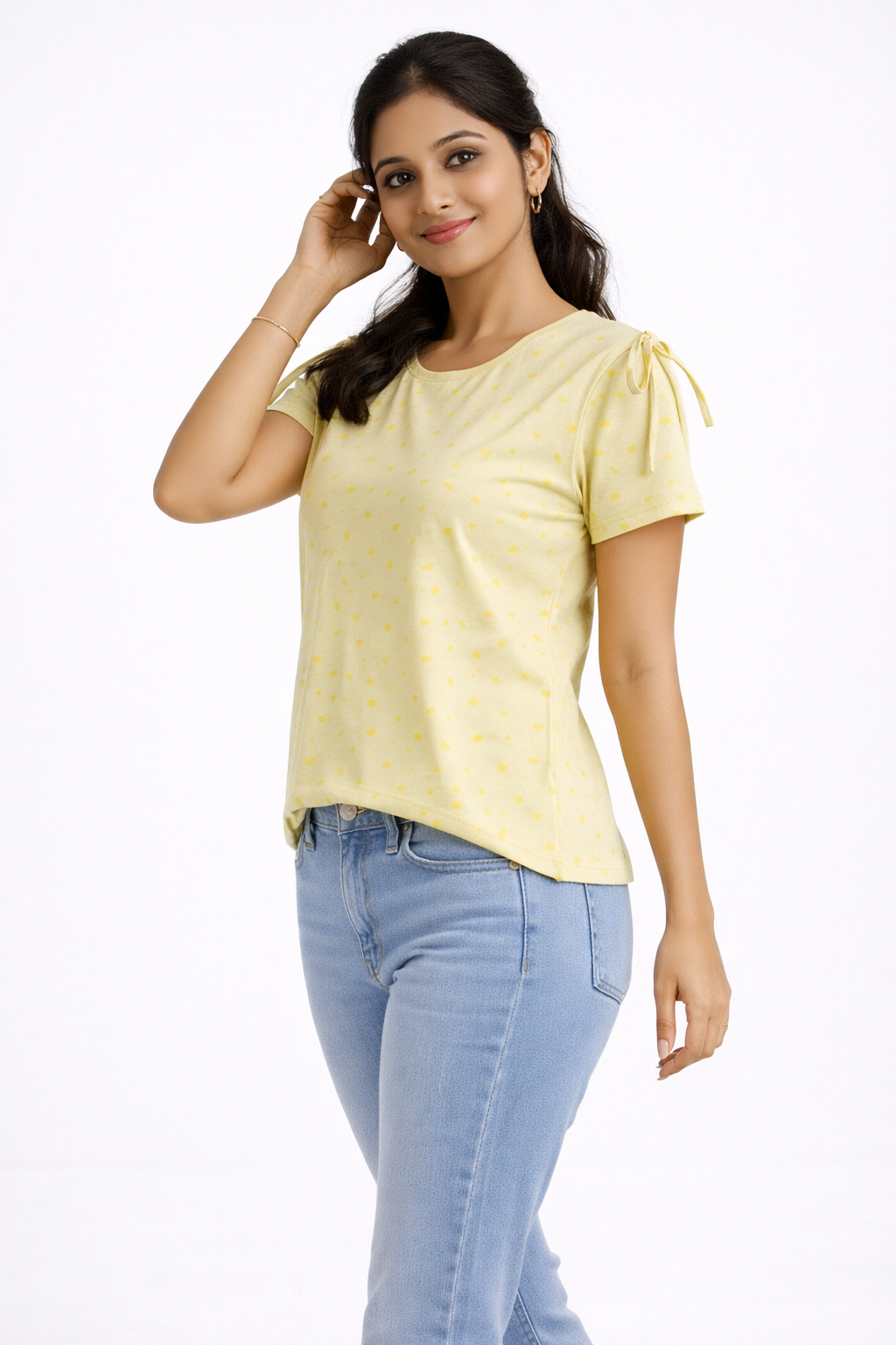 Women’s Pastel Yellow Polka Dot Top with Tie-Up Sleeves – Casual Summer T-Shirt