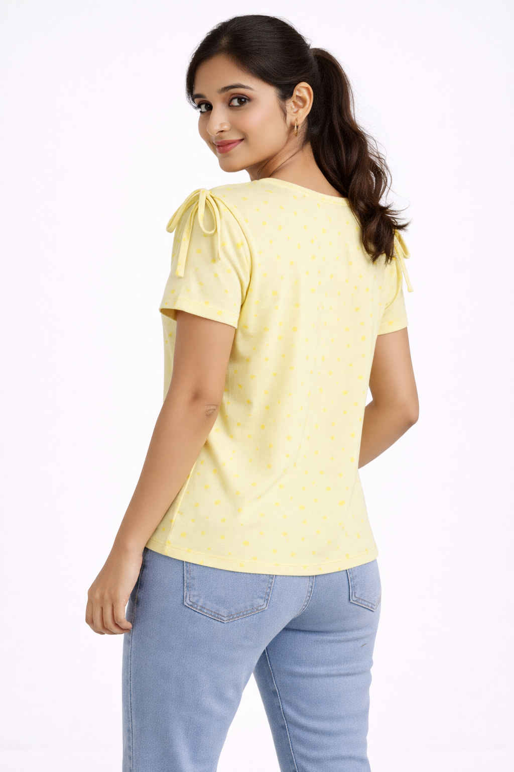 Women’s Pastel Yellow Polka Dot Top with Tie-Up Sleeves – Casual Summer T-Shirt