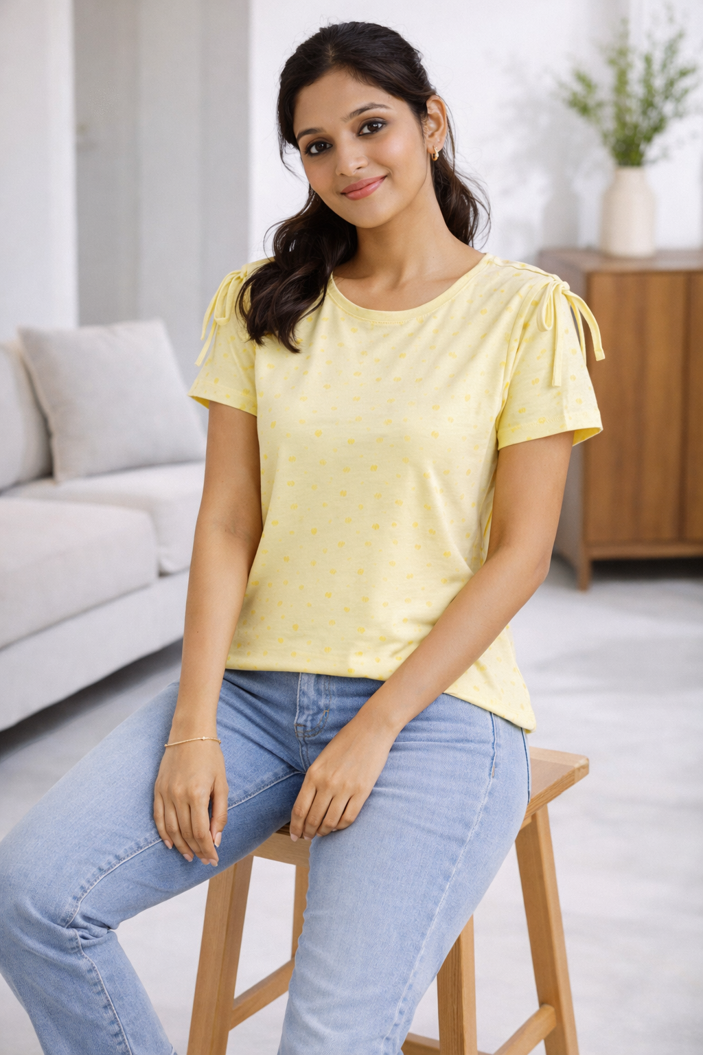 Women’s Pastel Yellow Polka Dot Top with Tie-Up Sleeves – Casual Summer T-Shirt