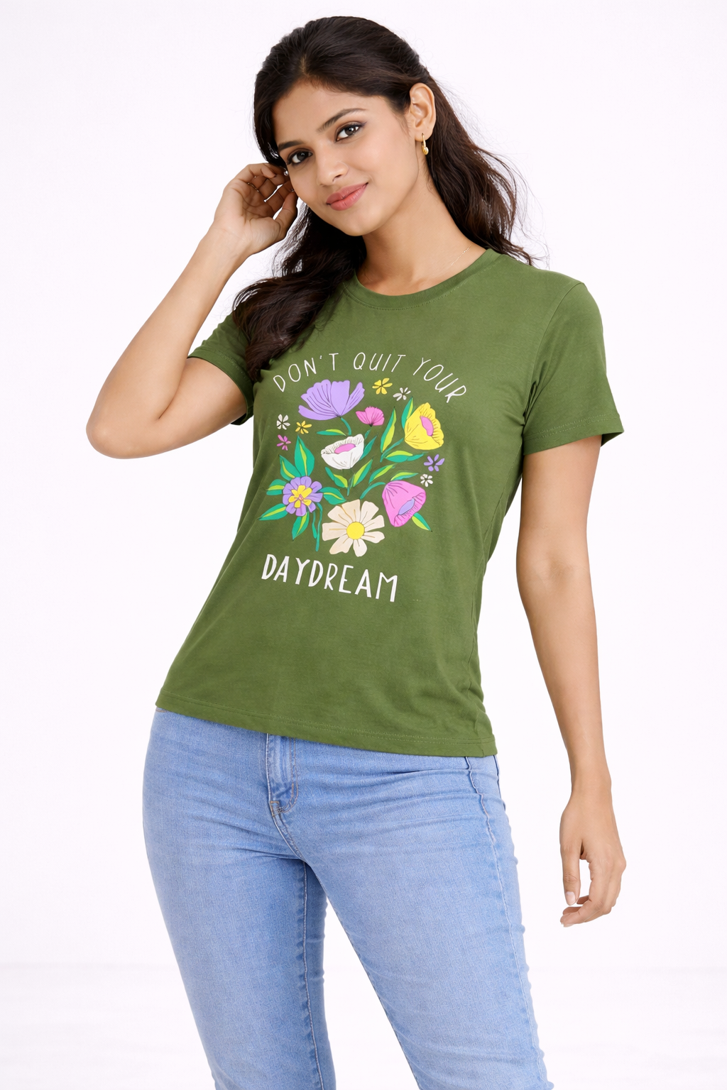Women’s Olive Green “Don’t Quit Your Daydream” Floral Printed T-Shirt – Casual Graphic Top