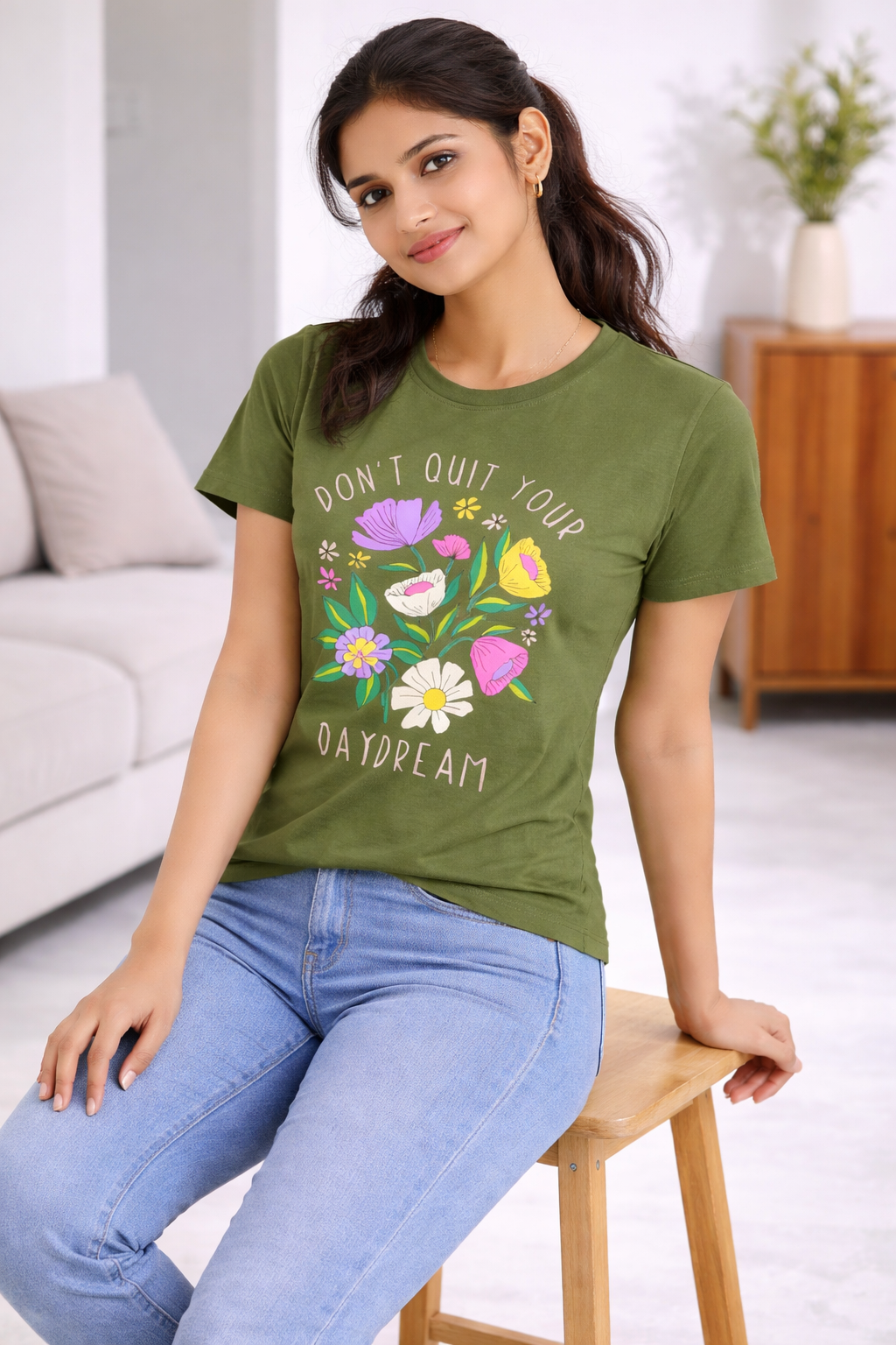 Women’s Olive Green “Don’t Quit Your Daydream” Floral Printed T-Shirt – Casual Graphic Top