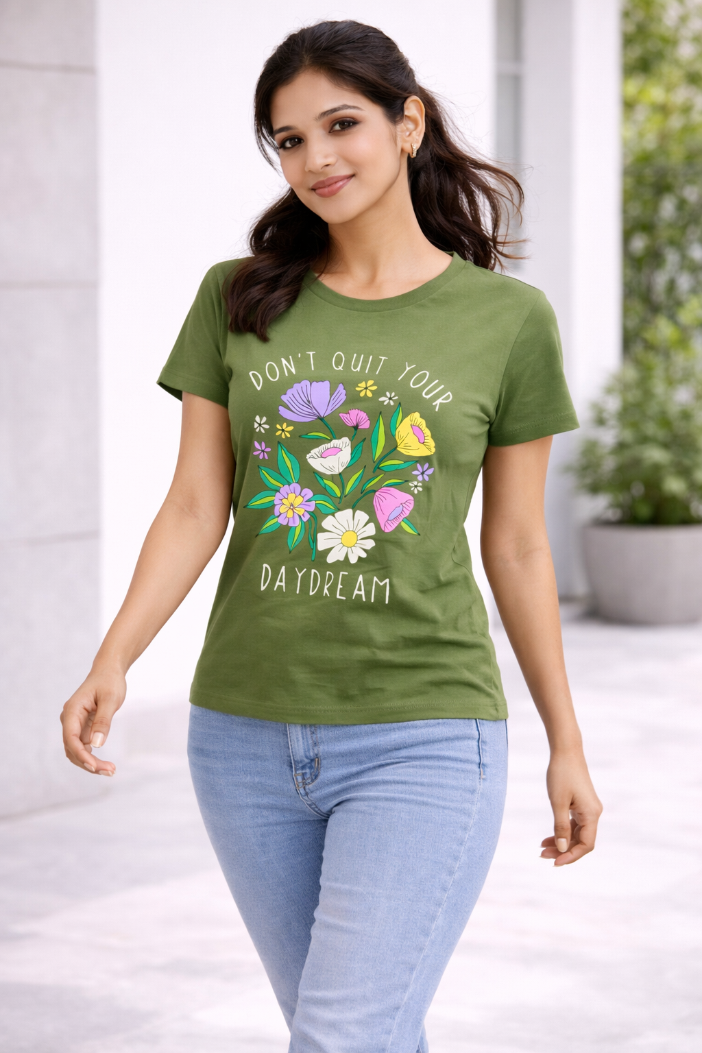 Women’s Olive Green “Don’t Quit Your Daydream” Floral Printed T-Shirt – Casual Graphic Top