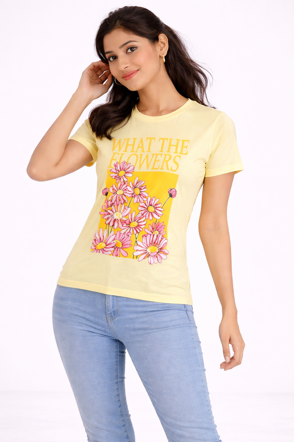 Women’s Pastel Yellow “What The Flowers” Printed T-Shirt – Floral Graphic Casual Top