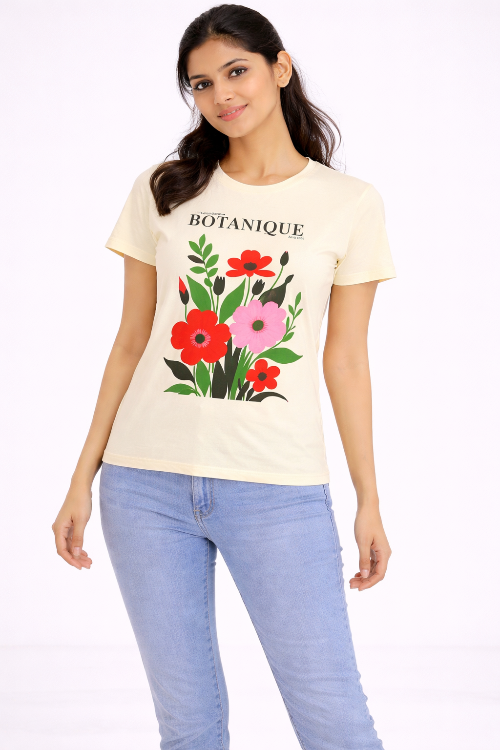 Women’s Cream Floral Printed T-Shirt – “Botanique” Graphic Casual Top