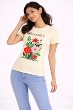 Women’s Cream Floral Printed T-Shirt – “Botanique” Graphic Casual Top