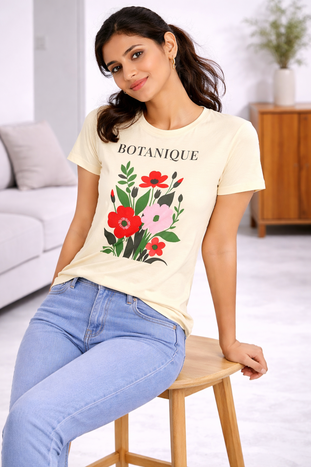 Women’s Cream Floral Printed T-Shirt – “Botanique” Graphic Casual Top
