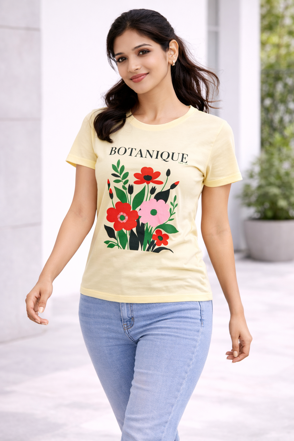 Women’s Cream Floral Printed T-Shirt – “Botanique” Graphic Casual Top
