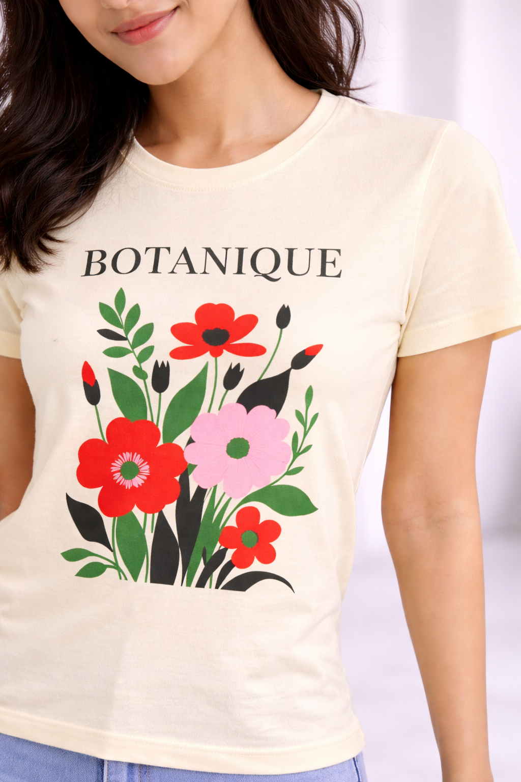 Women’s Cream Floral Printed T-Shirt – “Botanique” Graphic Casual Top