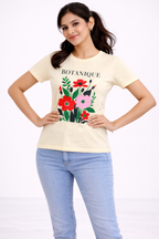 Women’s Cream Floral Printed T-Shirt – “Botanique” Graphic Casual Top