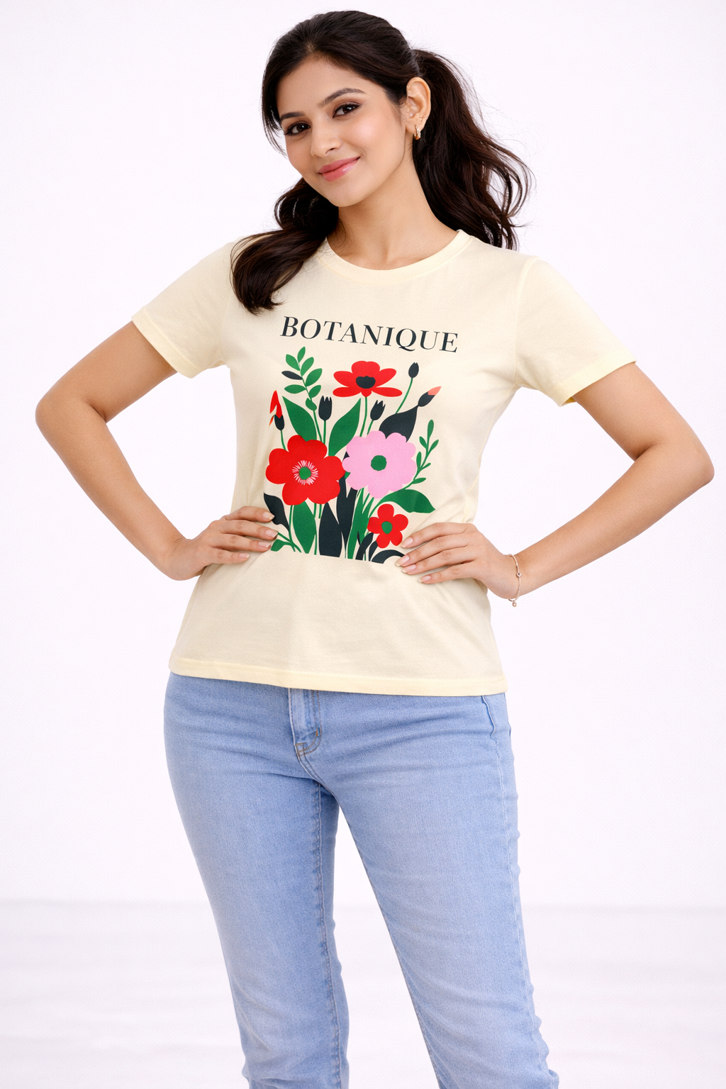 Women’s Cream Floral Printed T-Shirt – “Botanique” Graphic Casual Top