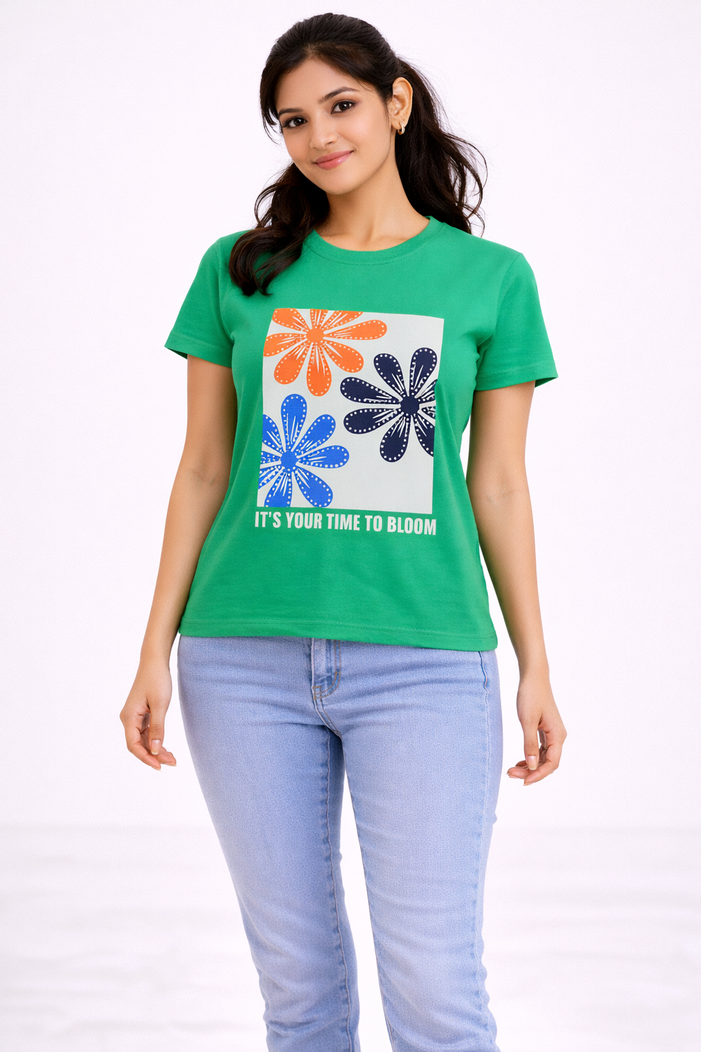 Women’s Green Floral Printed Crop Top – “It’s Your Time to Bloom” Graphic T-Shirt