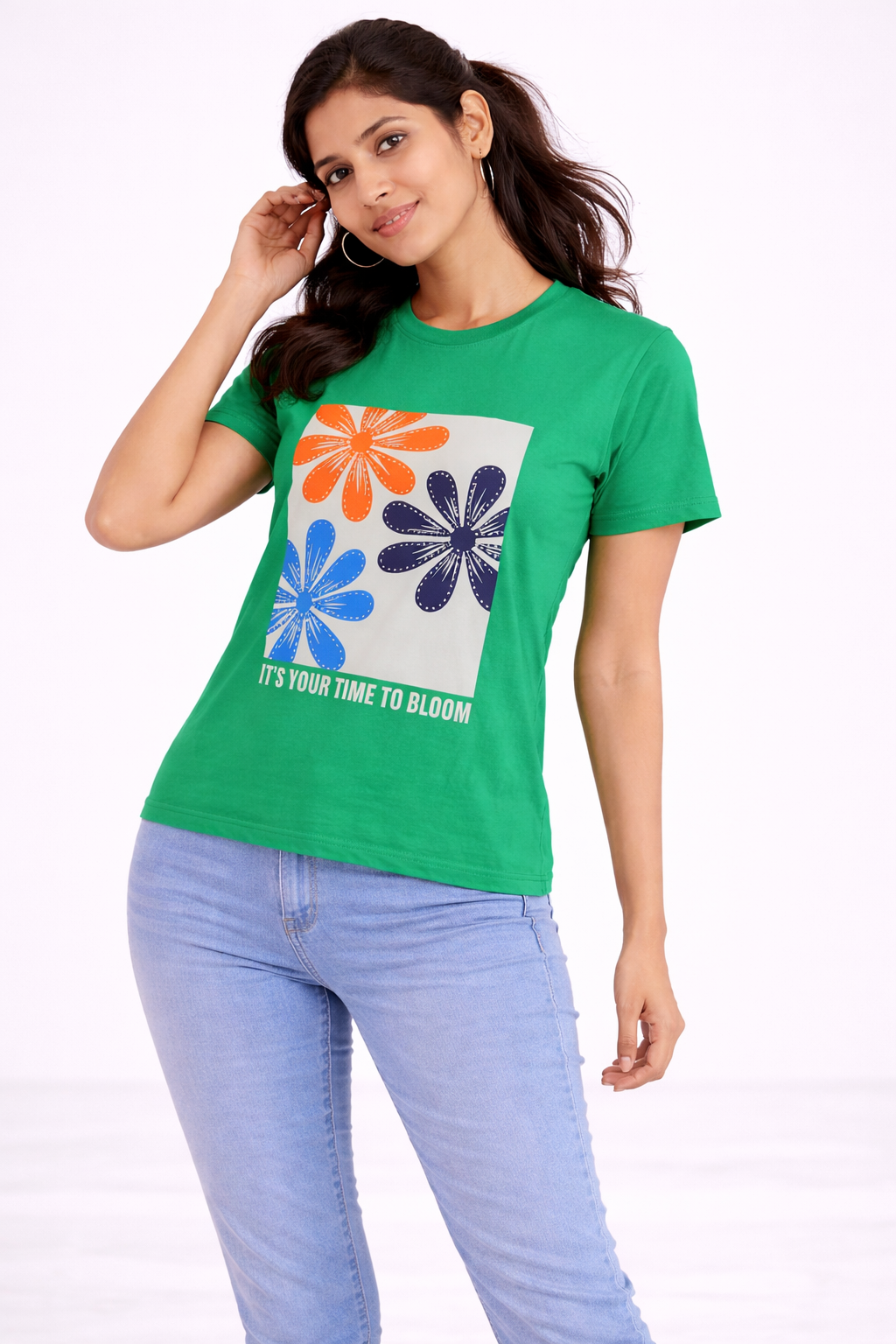 Women’s Green Floral Printed Crop Top – “It’s Your Time to Bloom” Graphic T-Shirt