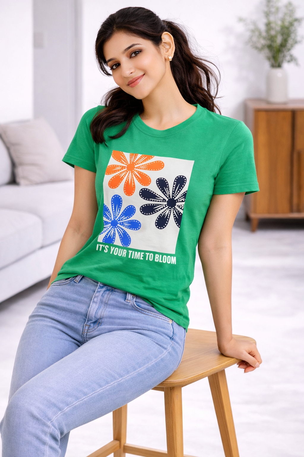 Women’s Green Floral Printed Crop Top – “It’s Your Time to Bloom” Graphic T-Shirt