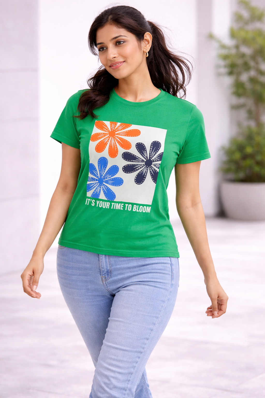 Women’s Green Floral Printed Crop Top – “It’s Your Time to Bloom” Graphic T-Shirt