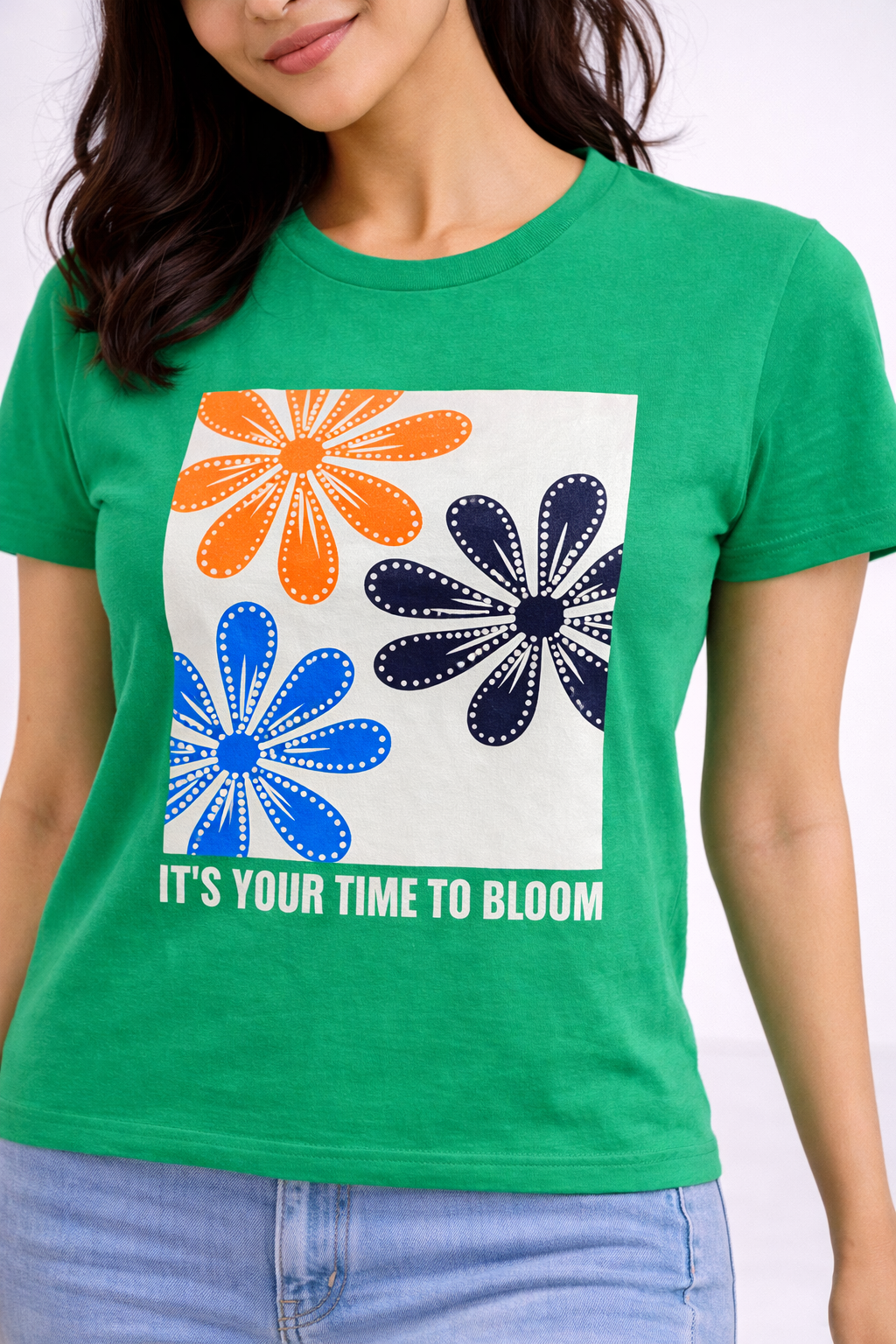 Women’s Green Floral Printed Crop Top – “It’s Your Time to Bloom” Graphic T-Shirt